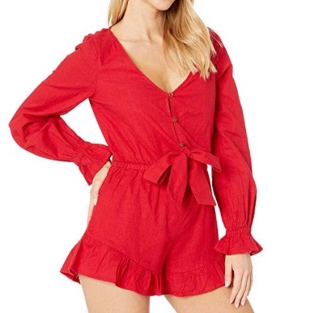 Billabong Red Long-Sleeve Romper with Tie Waist